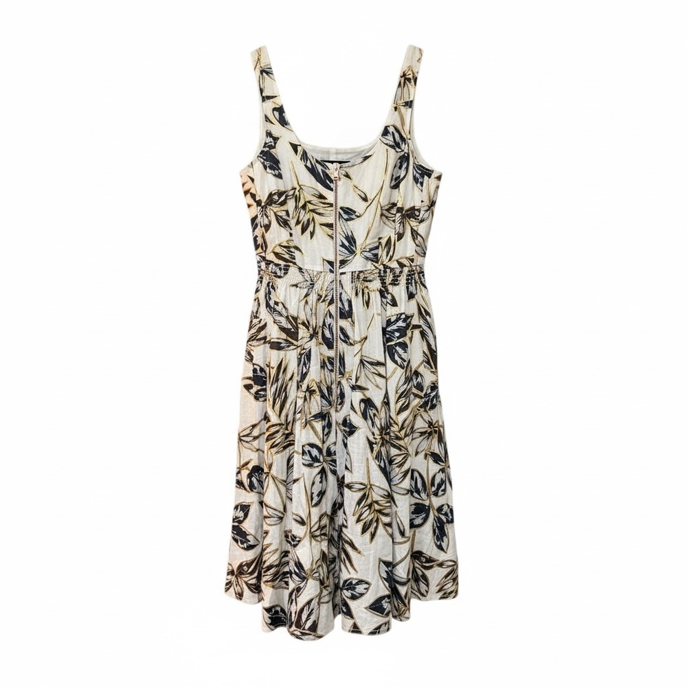 🔻J.Crew Linen Floral Zip Front Dress Gold Leaf Print Sleeveless Fit & Flare
